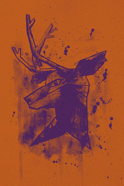 Tough watercolor painting, a deer head in purple orange by Emiel de Lange