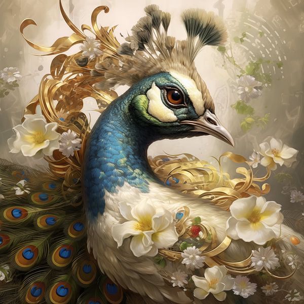 Paon majestueux avec ornements floraux par Emil Husstege
