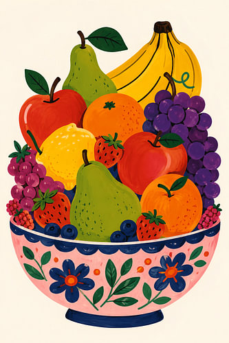A colourful, hand-painted fruit bowl: a still life featuring pears, apples, bananas and berries