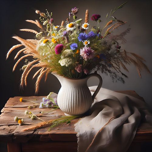 Nature morte ; bouquet de fleurs des champs dans le style des vieux maîtres
