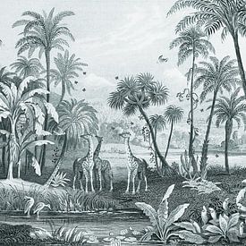 Botanischer Vintage-Dschungelteller mit Giraffen und Vögeln von Studio POPPY