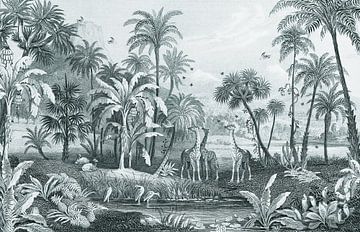 Botanische vintage jungle plaat met giraffen en vogels