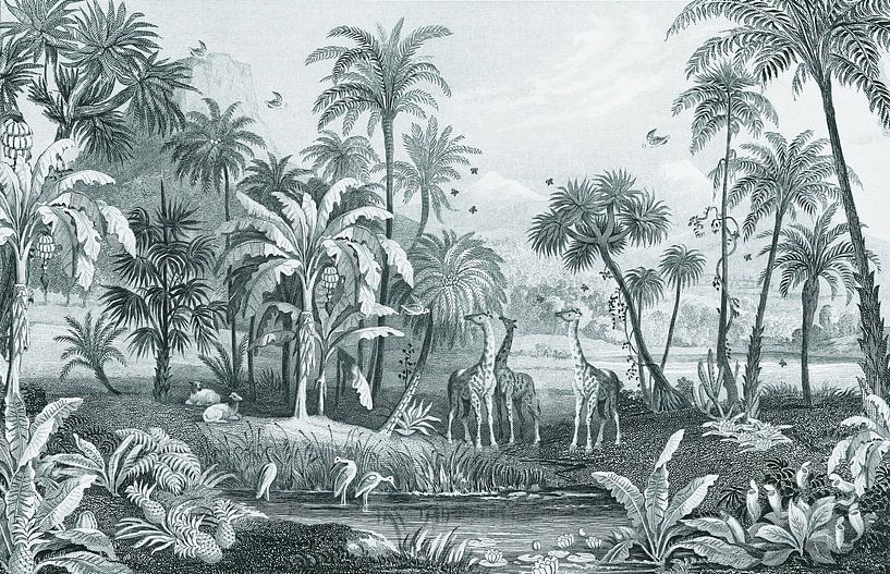 Botanische vintage jungle plaat met giraffen en vogels van Studio POPPY