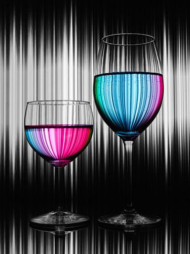 Abstract plate with glasses and a reflection in the water of the glasses