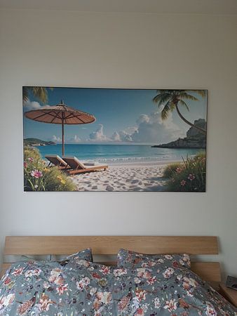 Relaxing tropical beach with palm trees, parasol, and sunbeds