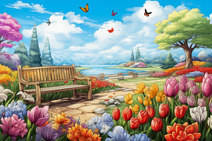wooden bench in the park, springtime painting, art design