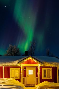Noorderlicht boven onze cottage in Zweeds Lapland van Kelly De Preter