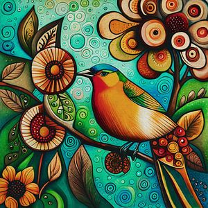 Gelber Vogel zwischen Blumen sitzend