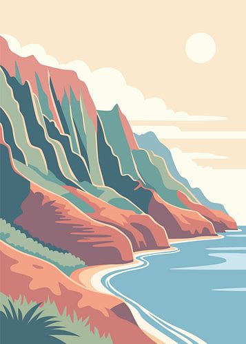Illustration vectorielle minimaliste représentant un paysage naturel plat, où de majestueuses falaises côtières se fondent dans l'océan bleu sous un soleil radieux
