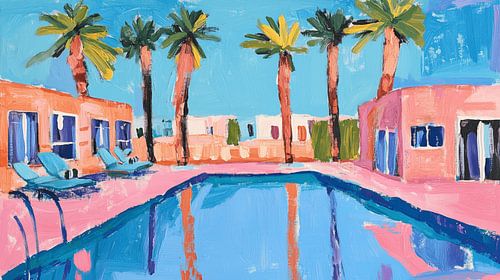 Zes palmbomen bij het zwembad