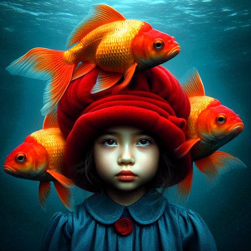 Fille sous-marine avec son poisson rouge