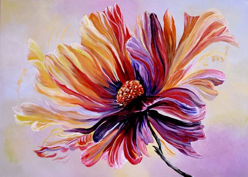 cheerful flowers, dancing petals, pastel by Hilleke Scheper