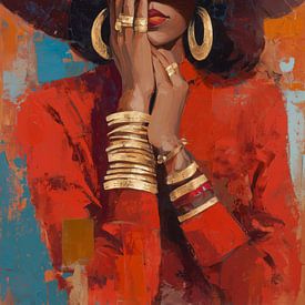 Beautiful woman with hat | colourful modern portrait with golden accents by Lauren Wilde