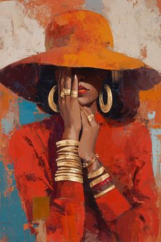 Mooie vrouw met hoed | kleurrijk modern portret met gouden accenten