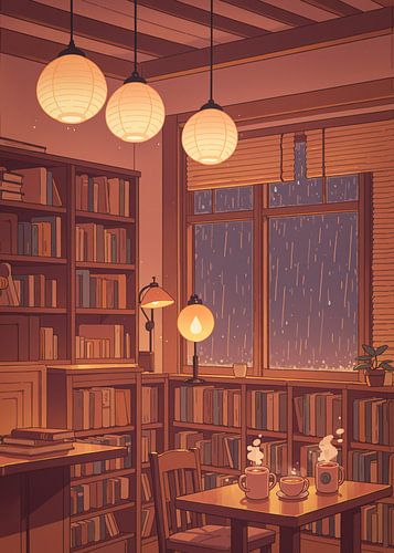 Anime Cafe Bookshelf Coffee Lofi