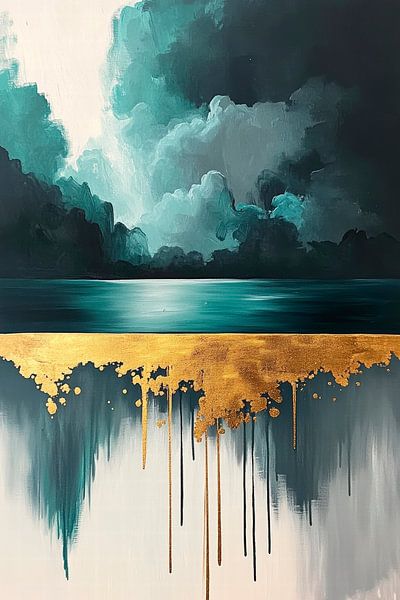 Pond landscape in gold and blue by Poster Art Shop