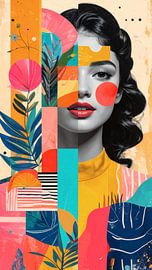 Mixed media woman with flowers - bright colours by Emiel de Lange