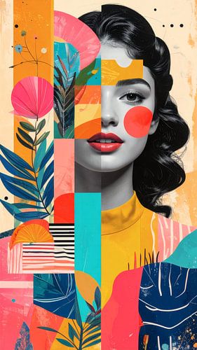 Mixed media vrouw met bloemen - felle kleuren