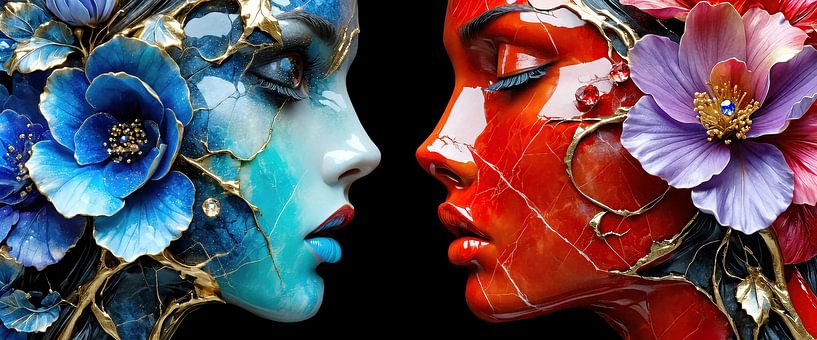 Faces like marble sculptures - a silent counterpart in blue and red, framed by flowers, interspersed with golden veins and sparkling gemstones by AidasignArt
