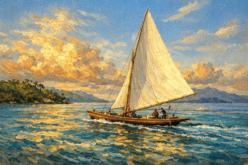 Voilier traditionnel « Sandeq » au coucher du soleil, Sulawesi occidental