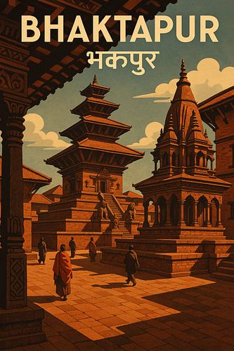 Bhaktapur Nepal Vintage Travel Poster – Nyatapola Temple & Durbar Square Art