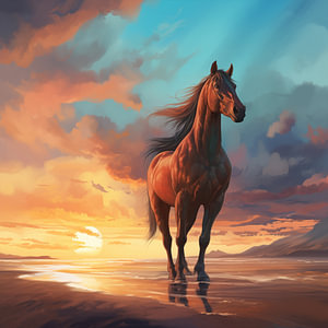 Braunes Pferd steht auf einem Sandstrand unter einem wolkigen blauen und orangefarbenen Himmel mit Sonnenuntergang.