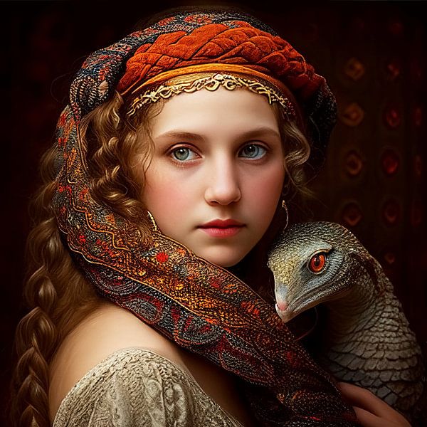 Portret van een prinses met haar draakje. van Gisela- Art for You