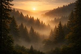 Une forêt brumeuse baignée d'une lumière dorée sur Kristin M