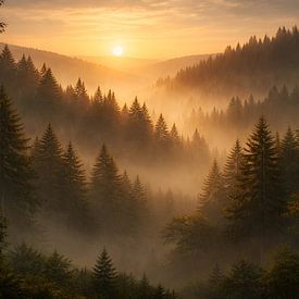 Une forêt brumeuse baignée d'une lumière dorée sur Kristin M