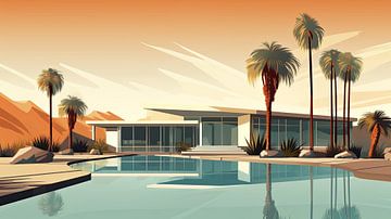 Sunset retro bungalow Arizona desert by Vlindertuin Art