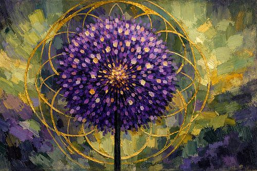 Peinture à l'huile mystique représentant un allium violet et une géométrie sacrée — Décoration murale spirituelle pour salon