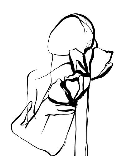 Frauenshilouette mit Mohnblumen - Strichzeichnung