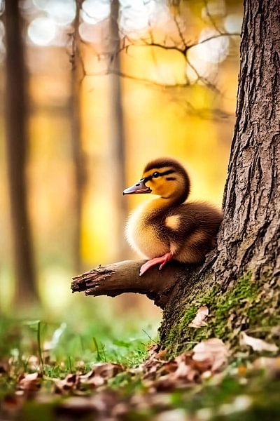 Schattig eendje in herfstbos van Art & Soul Creations