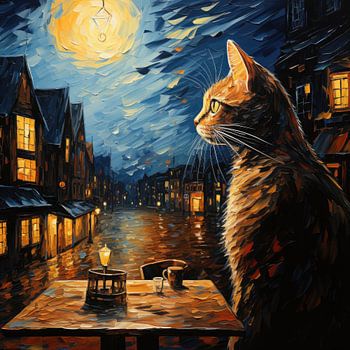Cat and Cafe Terrace at Night Van Gogh inspired