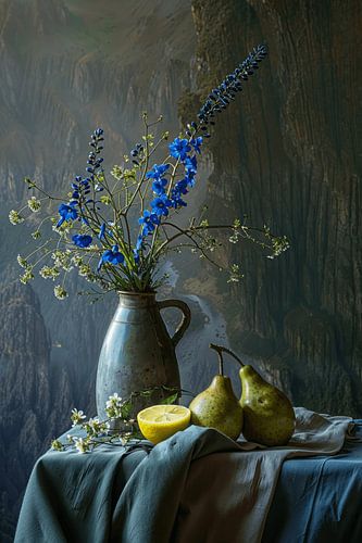 Stilleven met bloemen en fruit