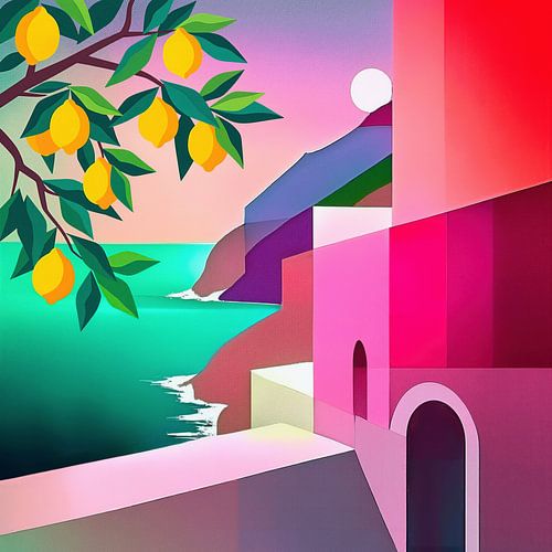 Sommerliche Amalfiküste mit Zitronen und rosafarbener Architektur