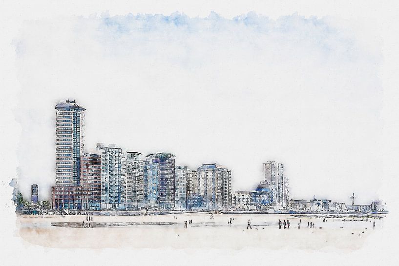 Skyline and boulevard of Flushing (watercolor) by Art by Jeronimo