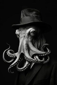 Zwart wit octopus als maffiabaas gangster met zwarte achtergrond van Digitale Schilderijen