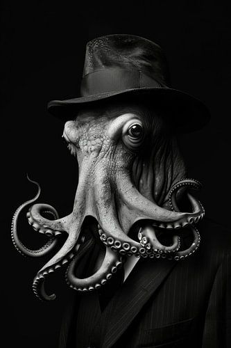 Zwart wit octopus als maffiabaas gangster met zwarte achtergrond