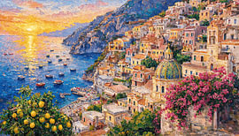 Die Pracht des Sonnenuntergangs über Positano und der Amalfiküste von Winston Sobalvarro