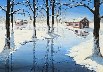 Winter illustratie met beek, bomen en huisjes (schilderij)
