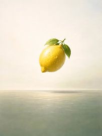 Minimalistische schwebende Zitrone über ruhigem Meereshorizont von uwidya