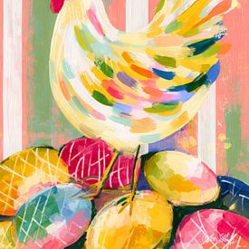 Vrolijke kip met kleurrijke veren van But First Framing