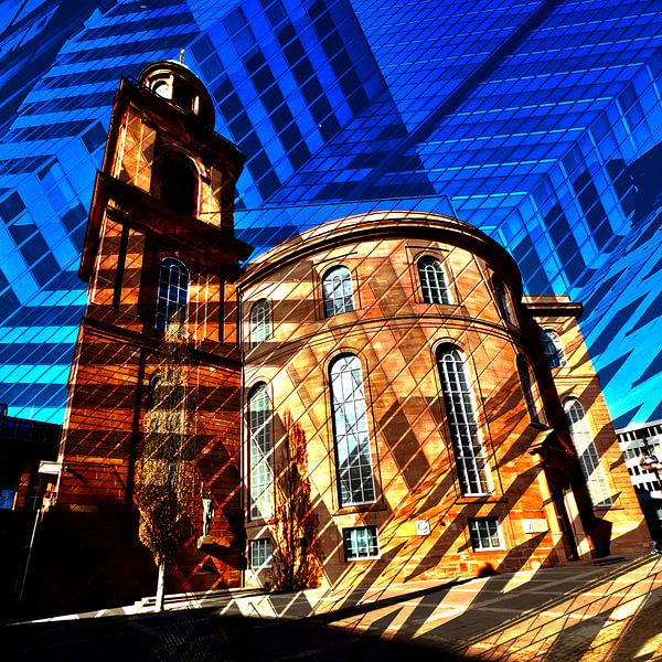 Frankfurt skyline and church by Dusan Pintner