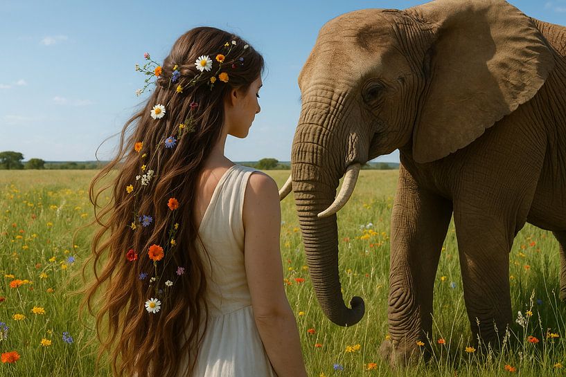 Natürliche Harmonie - Frau mit Wildblumen und Elefant von Kleurenrijk