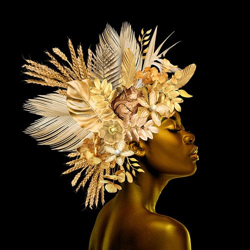 Bloemenportret Zwart & Goud op zwarte achtergrond  - Vierkant-03