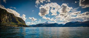 Fjord in Noorwegen, bewolkte lucht van Martin Köbsch