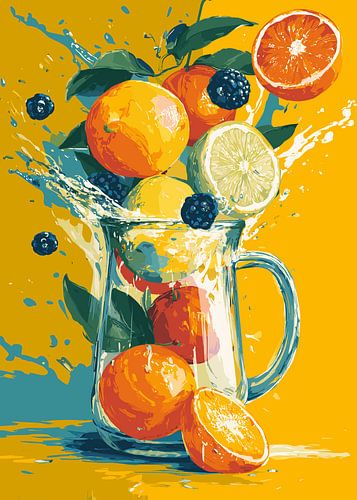 Nature morte aux fruits avec une cruche en verre et des éclaboussures