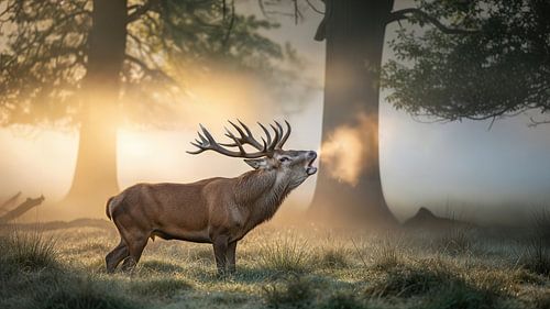 Edelhert brullend in mistig bos