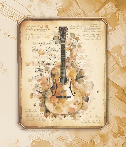 Gitaar. Vintage kunst in antieke stijl voor gitaristen & gitaarmuziek fans